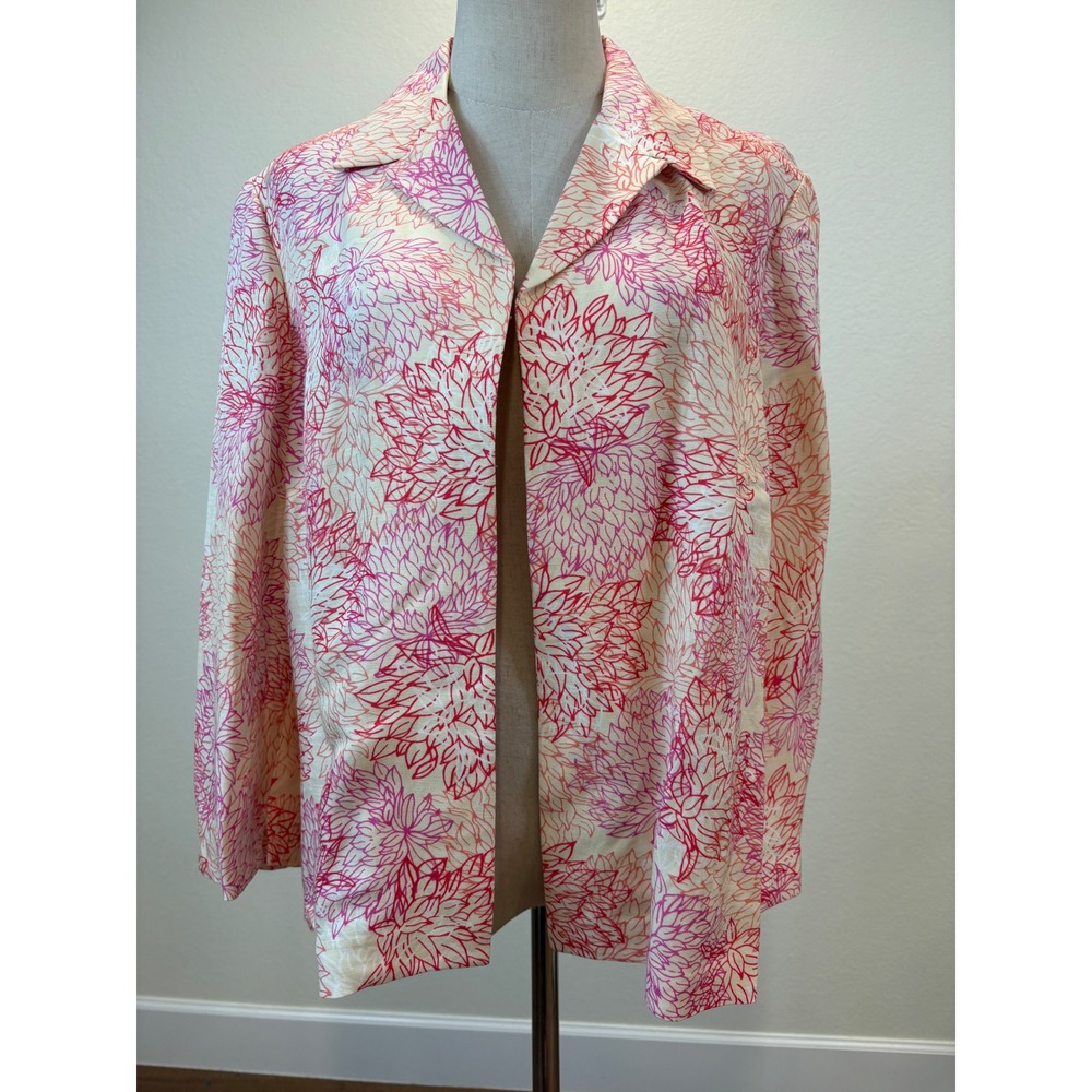 NWT Sigrid Olsen Jacket L Pink Linen Blend Floral Open Front Vacation Resort